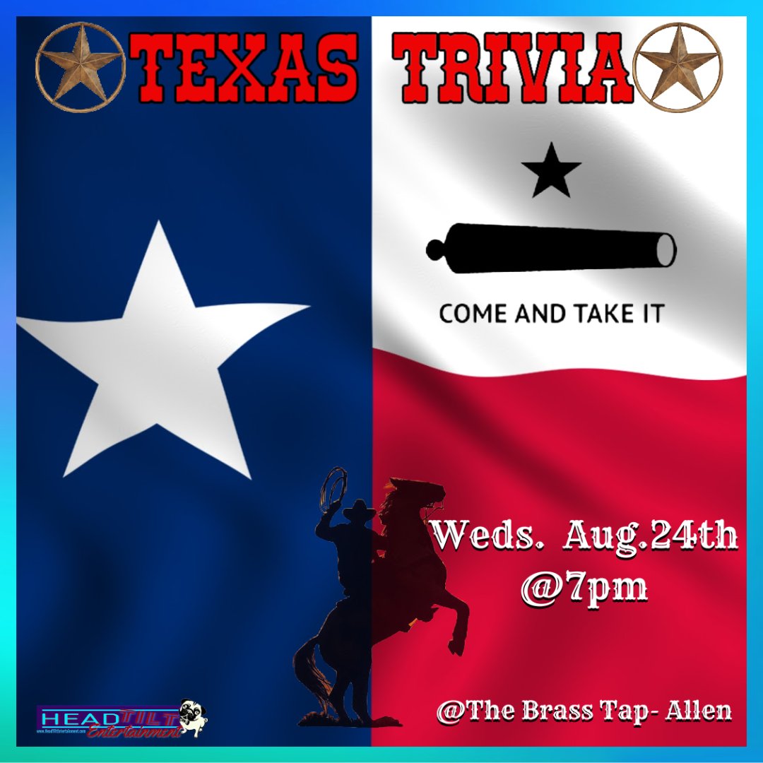 Headtiltfun's tweet photo. @brasstapallen Dress up in your FAV Texas gear! #Texas #TexasGeography #texashistory #TexasHistory #texasmovies #txsports #texassports #txmusic #texasmusic #texastrivia #dfwtrivia #wednesdaydatenight #visitallentx #thingstodoinallentx #triviawednesdays #dontmesswithtexas https://t.co/p9iw8NX7gb