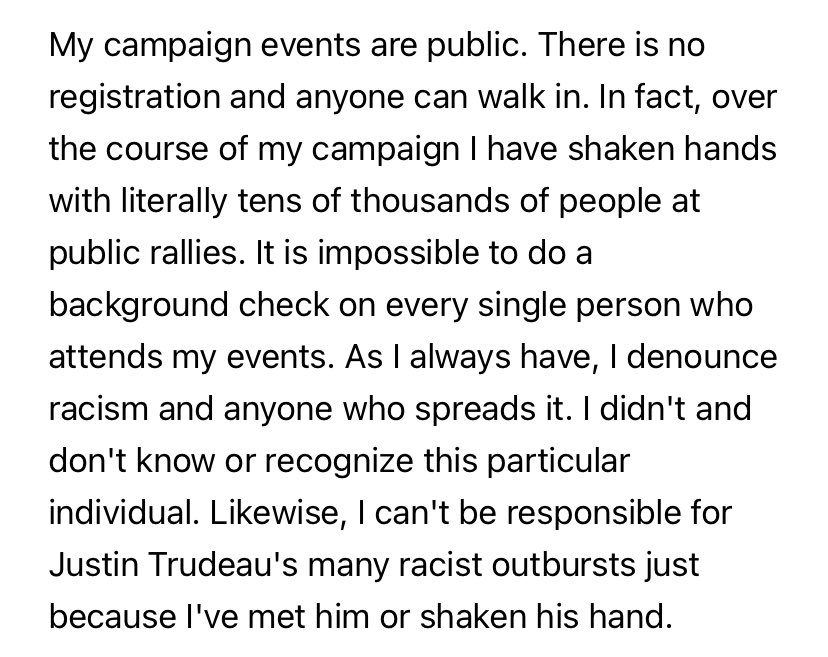 atRachelGilmore's tweet image. Pierre Poilievre’s team has released a statement about this. It doesn’t mention Mackenzie.

“I have shaken hands with literally tens of thousands of people at public rallies,” he said.

“It is impossible to do a background check on the very single person who attends my events.”