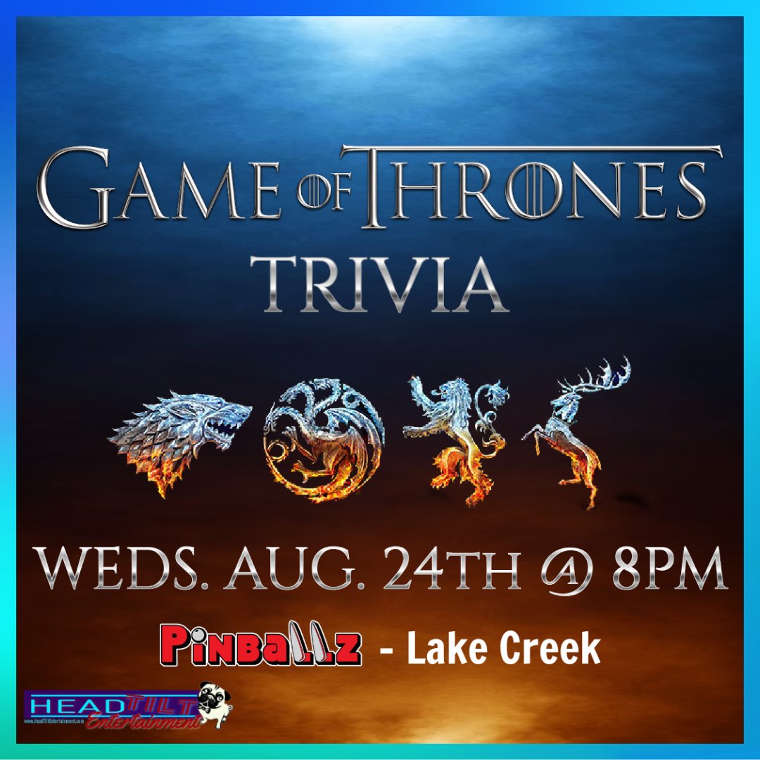 Headtiltfun's tweet photo. Game of Thrones @pinballz_lakecreek COSTUMES ENCOURAGED #atx #atxevents #atxtrivia #austinevents #austintrivia #freefuninaustin #do512 #austin360 #365thingsaustin #thingstodoinaustin #austinliving #atxlife #visitaustintx #gameofthrones #jonsnow #aryastark #khaleesi #gotcosplay https://t.co/QewbpdEWrI