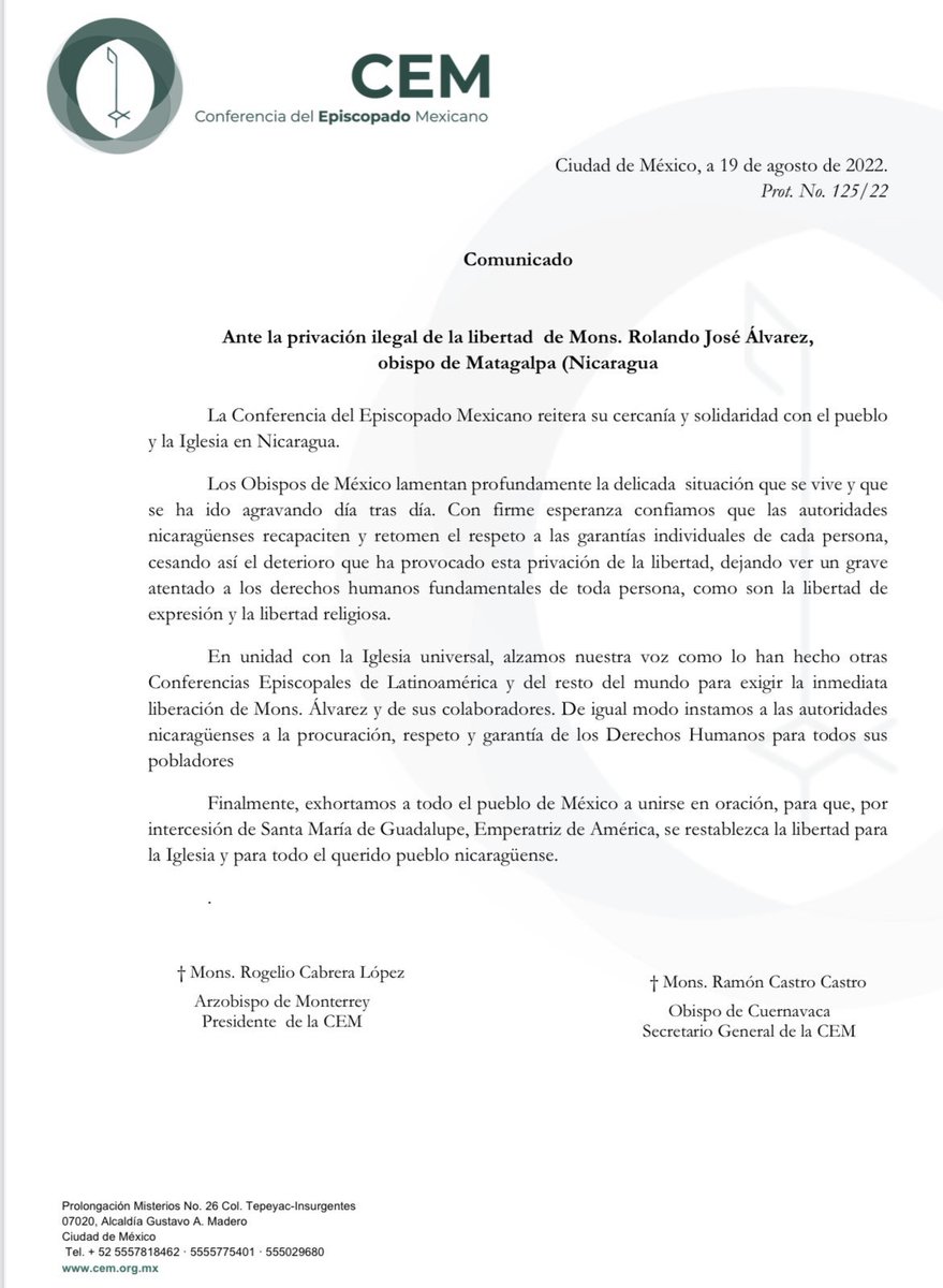 En oración por la Iglesia de #Nicaragua y por todo el pueblo de ese país hermano.