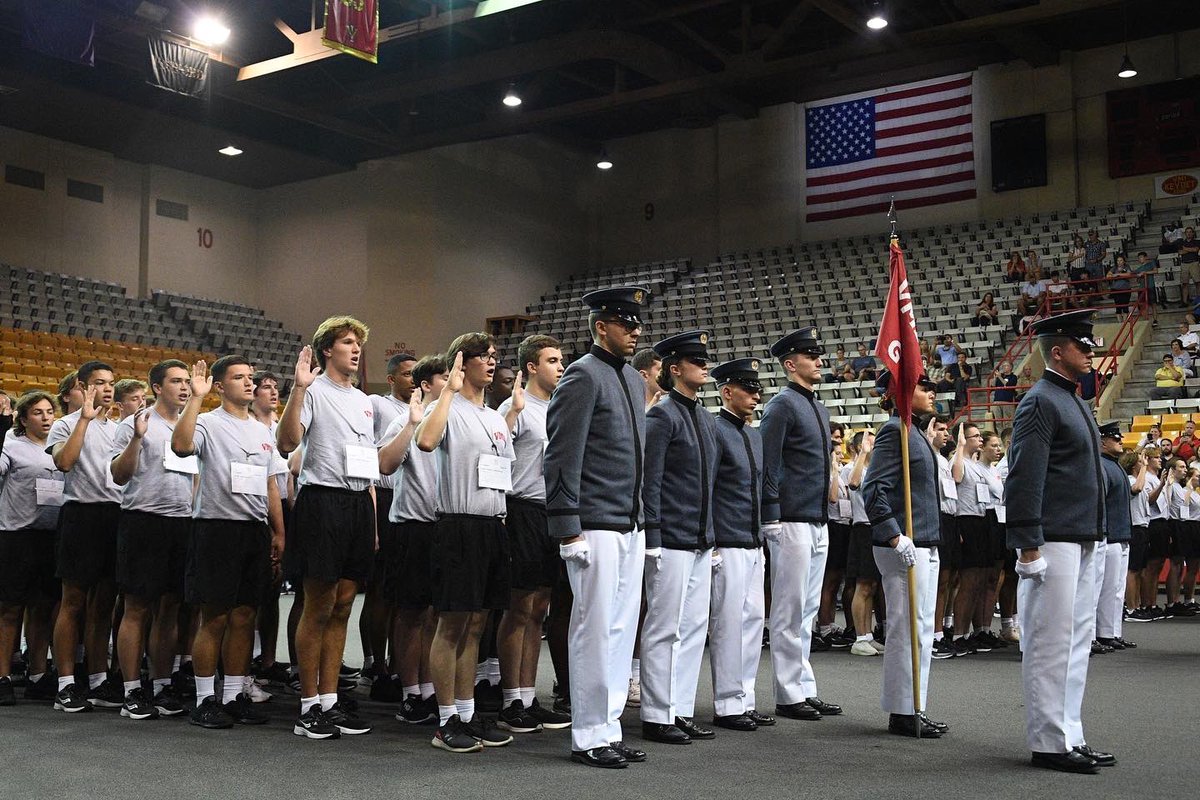 VMI1839's tweet photo. The Rat Line has begun. This afternoon, matriculants we’re called down by company during the Welcome Ceremony in Cameron Hall and then marched int Barracks to begin their training. #RahVaMil #vmi23plus3 https://t.co/j6aQRUQDyL