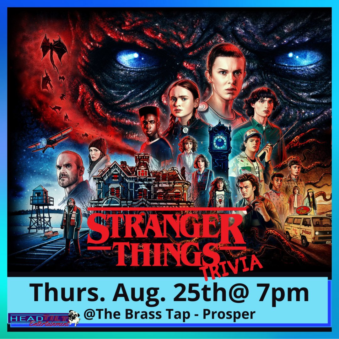 Headtiltfun's tweet photo. Come out Thursday  @brasstapprosper #prospertx #triviathursdays #dfwdatenight #prosperevents #dfwtrivia #strangerthings #MillyBobbyBrown #strangerthingscosplay #eddiemunson #ELEVEN #dustinhenderson #maxmayfield #lucassinclair #mikewheeler #willbyers #jimhopper #Vecna #mindflayer https://t.co/y3TdYQ5xMt