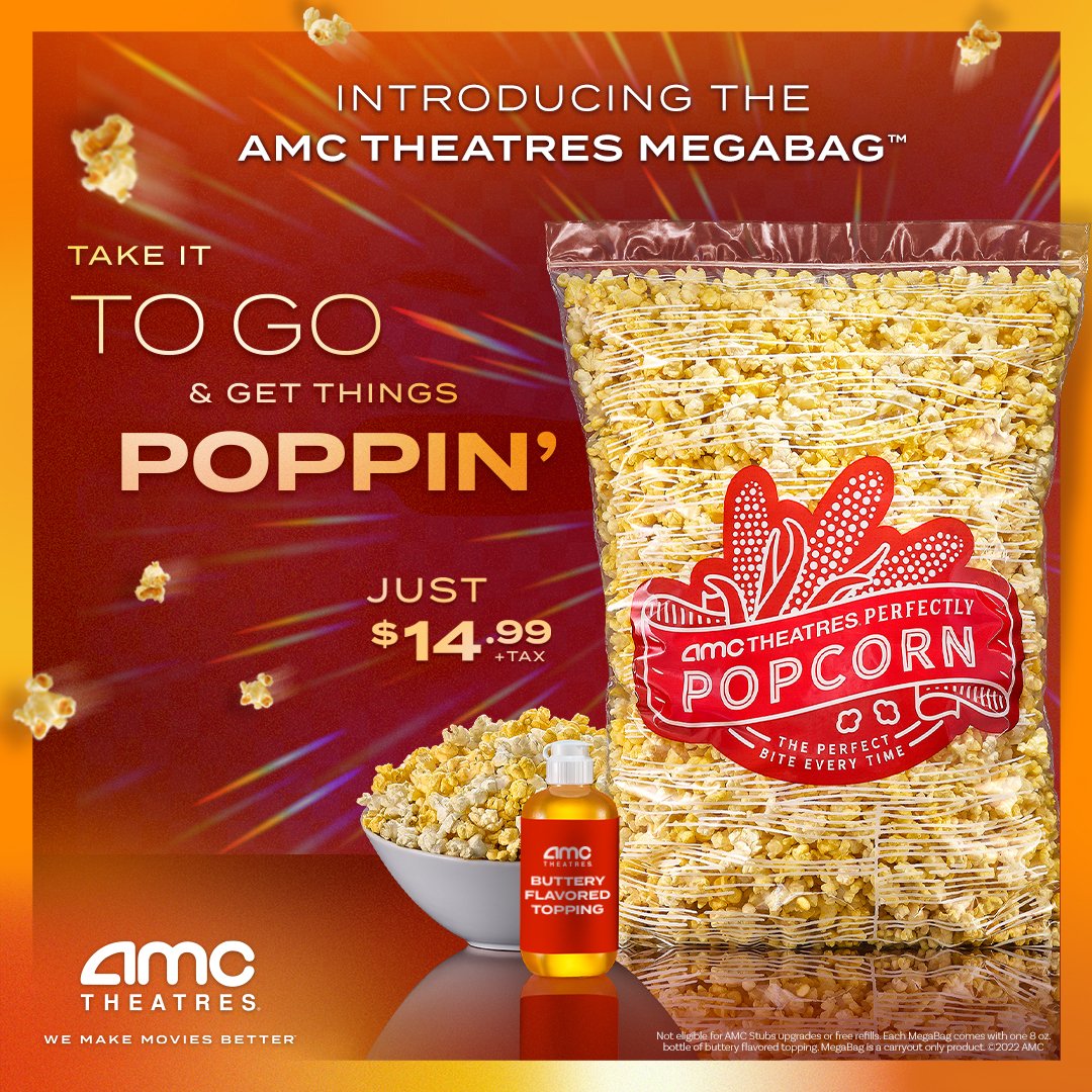 Try the new AMC Theatres MegaBag to go! It's 3X the size of our large popcorn with a side of buttery flavored topping. Pick yours up at concessions, and take it to your next party, picnic, and more! amc.film/3wdFDW5