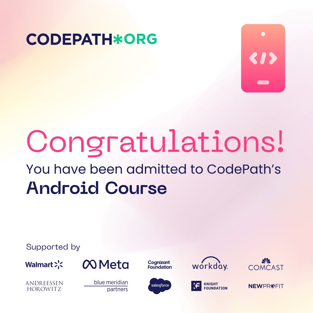 Spencerdamon197's tweet image. Inspired by @rpandey1234, I’m thrilled to share that I have been admitted into @codepath 's Intermediate Android Course: Android Mobile Development, this fall! Provided to me at no cost thanks to CodePath’s team &amp;amp; partners. 🚀 📱
#TechExcellence
#AndroidDevelopment
#CodePath