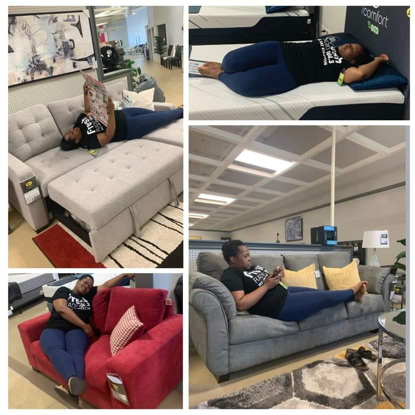 1043FreshRadio's tweet photo. Jess is enjoying herself a little too much. 🤔 

All weekend, it's #ScratchandSave at @LeonsFurniture, where you can save up to 50% at purchase! #YGK https://t.co/SMMvUauHKU