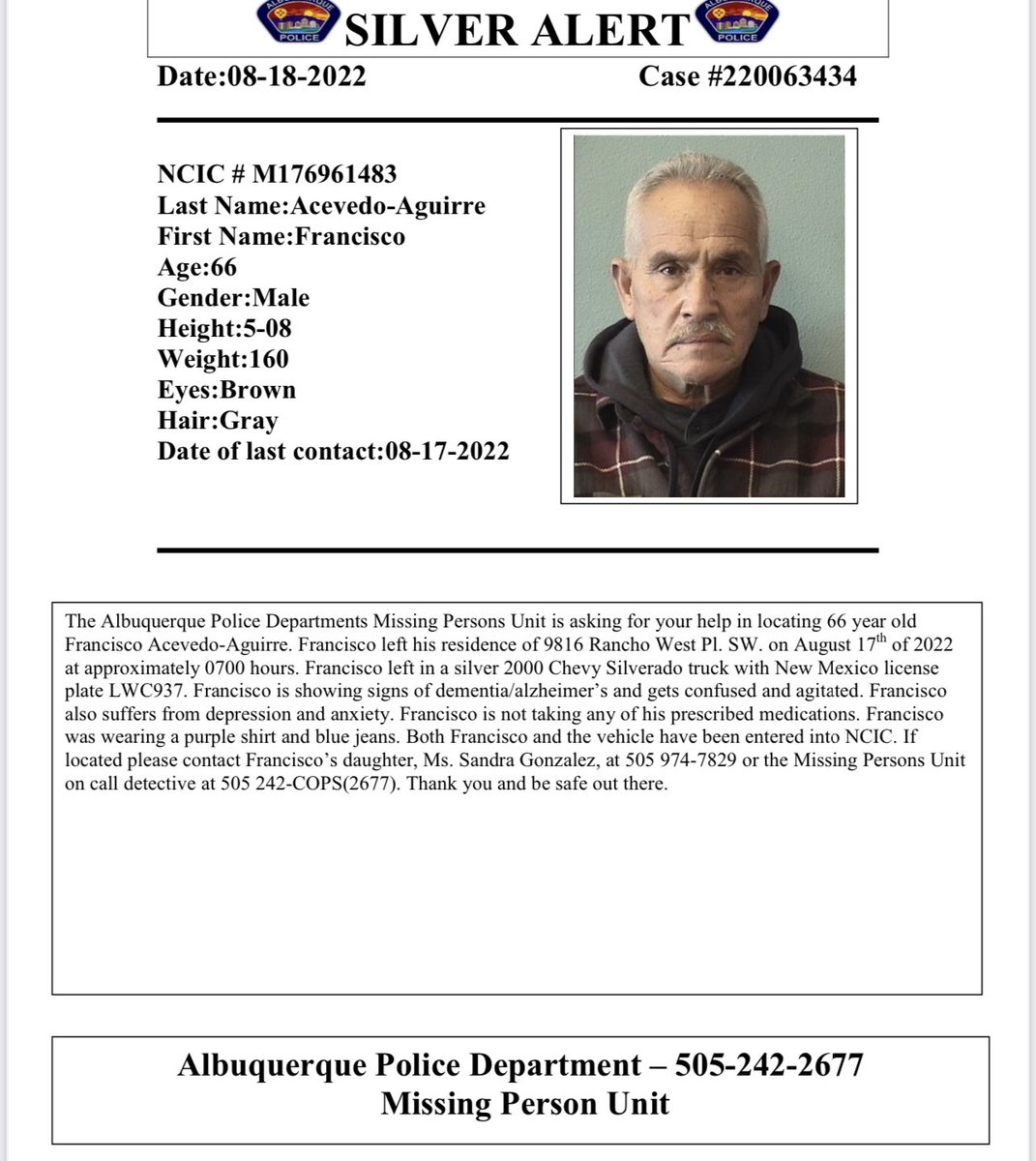 Please share and help us fine Mr. Francisco Acevedo-Aguirre.