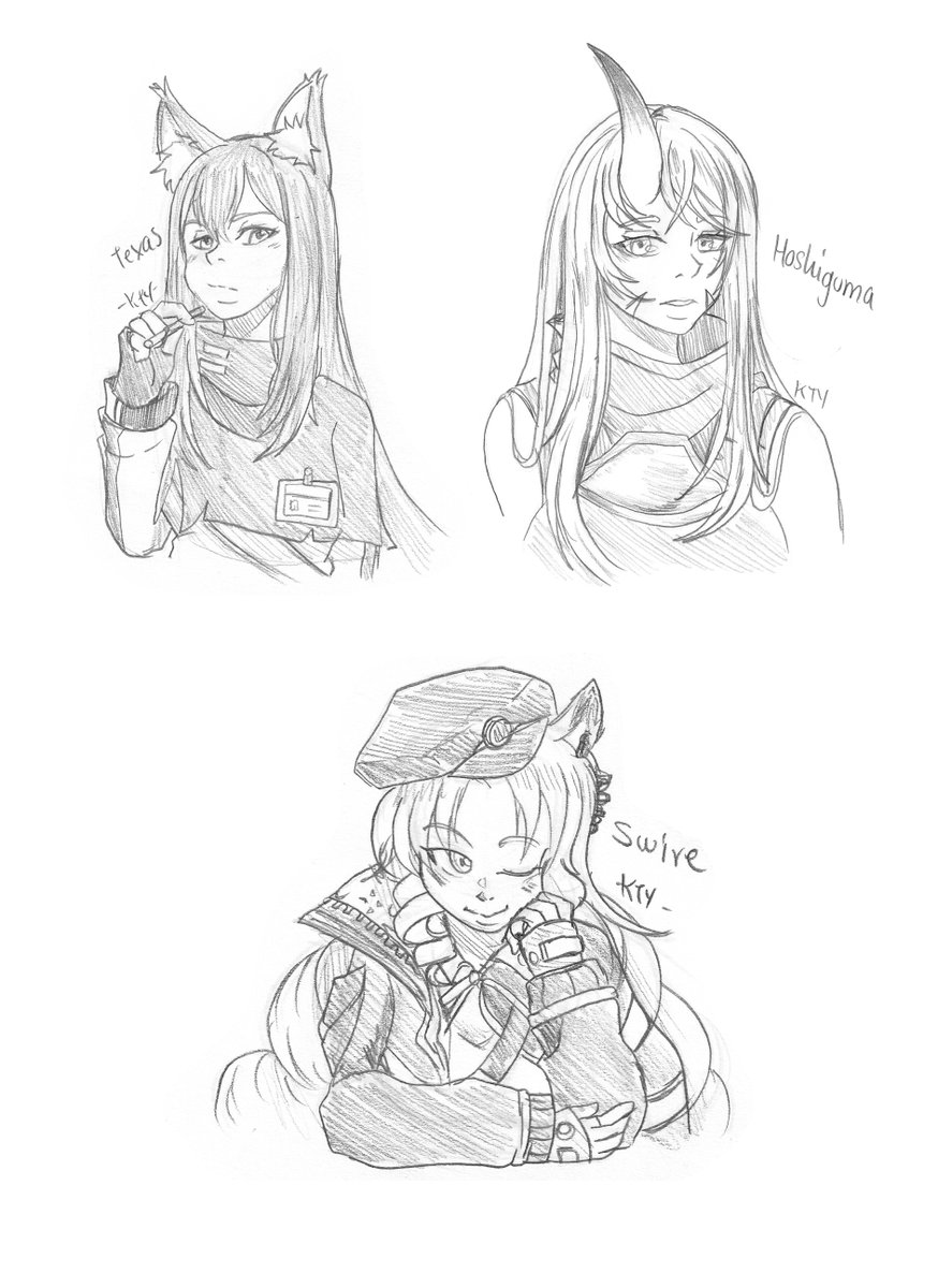 KTY_draws's tweet photo. Hello hello! Here's another batch of sketches (39/100). We have Texas, Hoshiguma, Swire and Ch'en.
.
.
.
#Arknights #sketch #daily #Operators #dailysketch #texas #hoshiguma #swire #chen #100operatorschallenge #kty https://t.co/eAI333kTt6