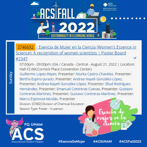 El día de mañana estaremos presentes en el #ACSFall2022 desde Chicago, IL con "Esencia de Mujer en la Ciencia", un trabajo realizado por nuestra sección estudiantil que destaca los aportes de la mujer científica, sus oportunidades de liderazgo y desarrollo profesional. 🥳🤩