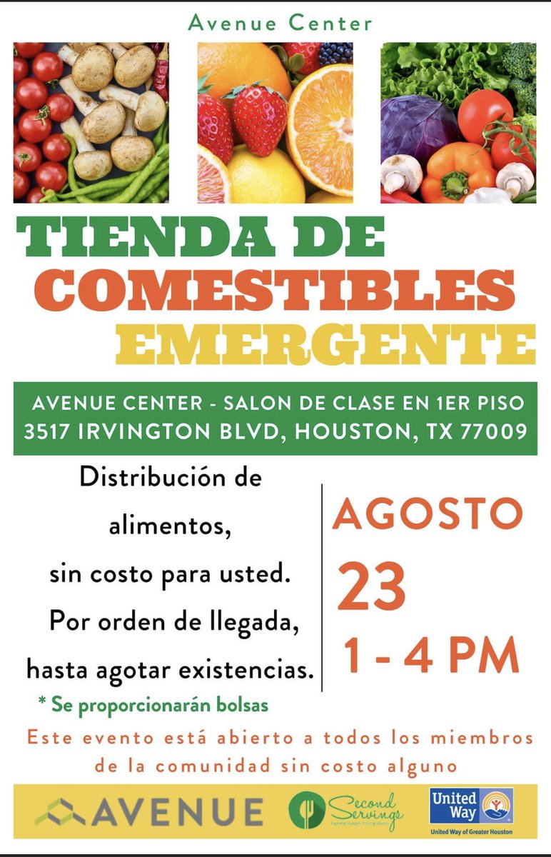 Food at no cost for the community. 
First come- first served. While supplies last at Avenue CDC on August 23, 1-4pm.