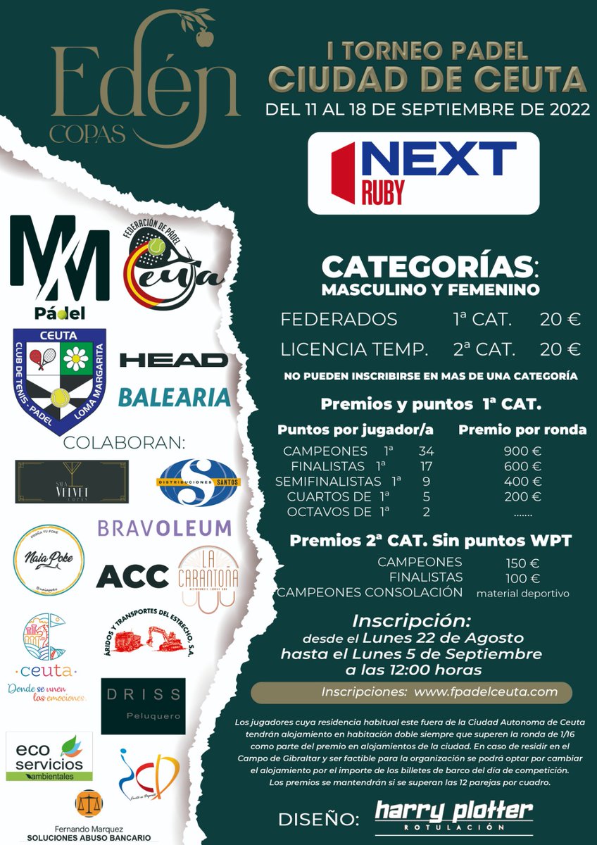 No pierdas la oportunidad de hacer historia, ven a Ceuta y participa en el torneo <a href="/WPT_Next/">WPT Next</a> RUBY.

Facilidades en el  🛳 gracias a <a href="/Balearia/">Baleària</a> y en el alojamiento por parte de la <a href="/fpadelceuta/">Fed. Pádel Ceuta</a>.

<a href="/icdceuta/">ICD - Instituto Ceutí de Deportes</a>
<a href="/TurismodeCeuta/">Turismo de Ceuta</a> 

Nos vemos pronto