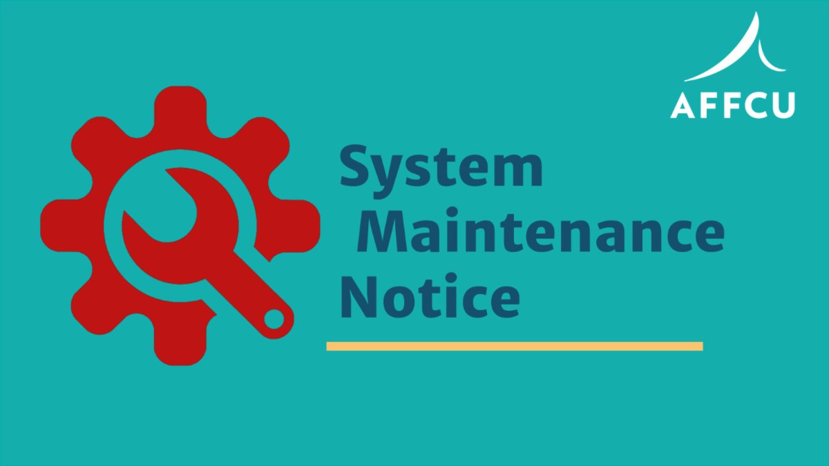 affcuMD's tweet photo. Potential Online &amp; Mobile Banking Disruptions
Due to scheduled system maintenance, online and mobile banking may experience temporary disruptions on Sunday, August 21 between 1:00 AM to 7:00 AM. https://t.co/Us3ig1h4fK