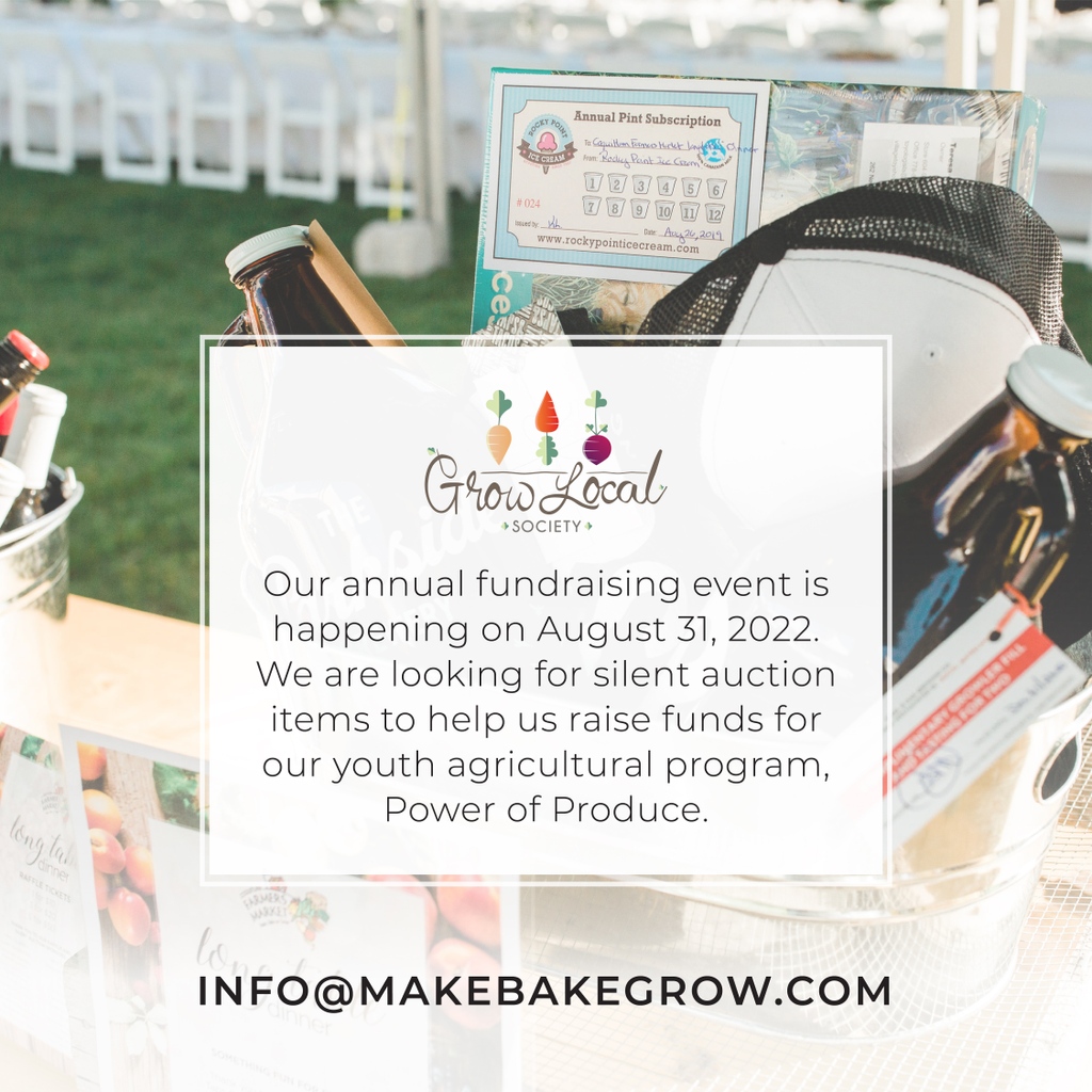 👏We are looking for silent auction items to help us raise funds for our youth agricultural program, Power of Produce. If you are a business owner or know someone that can help, please email info@makebakegrow.com 💝 We appreciate your support! 🥕