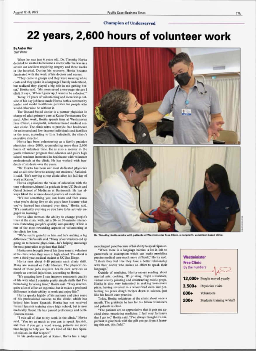 WestminsterCCC's tweet photo. Congratulations to Dr. Timothy Horita on being selected a 2022 @pacbiztimes Champion in Healthcare! Dr. Horita has volunteered at WFC for 20+ years providing  care to the uninsured and serving as role model for the future healthcare workforce.  Visit:  https://t.co/aSQaSRG0st https://t.co/dm92HCqMEu