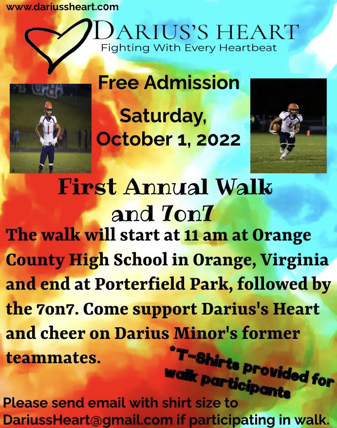 DariussHeart's tweet photo. We are excited to announce our first annual Darius’s Heart Walk and 7on7 on Saturday October 1, 2022 in Orange Virginia. Come support Darius’s Heart! #dariussheart #chdawareness #athlete #youthsports #dariusminor https://t.co/I1scvj5Pgc
