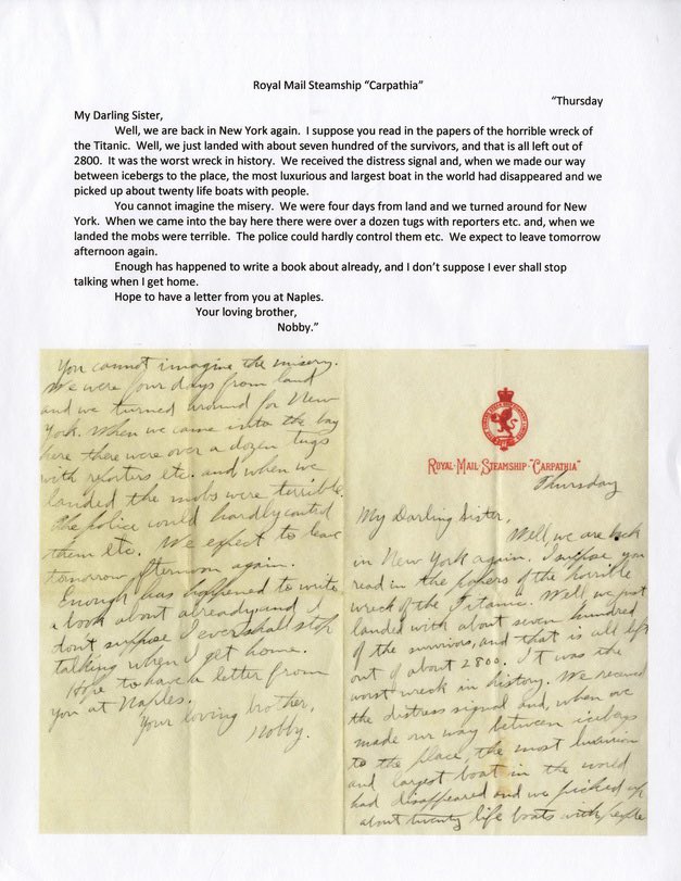 TheArchNC's tweet photo. @HC_Richardson Impacted for the rest of his life. What an amazing story. Here is a letter to my grandmother from her brother who was was safe but on the Carpathia when they picked up survivors. https://t.co/IPUThVoByJ
