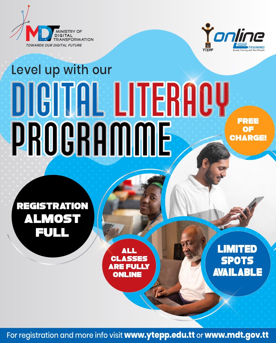 MDT_TT's tweet photo. 📣 We're almost at capacity for the first cycle of the #DigitalLiteracyProgramme with @YTEPP1 after 1 day! It's a good thing we've got a lot more training to roll out! Read more about the plans to increase capacity for #DigitalTransformation in our Minister's statement today 📰 https://t.co/V1bpzzWD1x