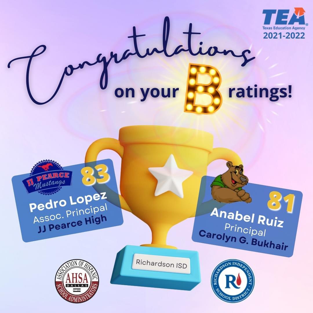 ahsadallas's tweet photo. Congratulations to our partner district Richardson ISD, and the courageous work of AHSA members, Anabel Ruiz and Pedro Lopez, for earning B ratings. We are proud of the turnaround work happening for kids! #SiSePudo #ForTheKids #ItWasntEasy @Anabel_Ruiz19 @RichardsonISD https://t.co/3oZT4f2SZK