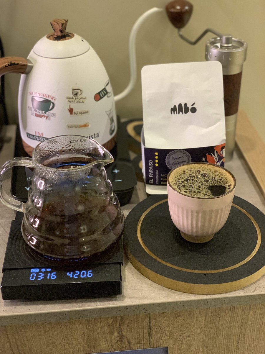 تجربة محصول #كولومبيا #فرمنتد من محمصة مابو الرومانية، معالجة #مجففة  على #V60 ،طحنة متوسطة، طحن 22 جم، بريشيو 1:14.5، بدرجةحرارة 92  في 2:30 دقائق، فاكهية التوت والفواكه الحمراء بارزة🫐🍒🍓
#ارفع_ذائقتك