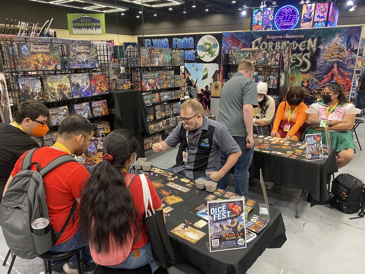 FFPGames's tweet photo. It’s Day 3 of Emerald City Comic Con in Seattle! If you are at the show, be sure to come say hello at Booth #1029! #ECCC22 #boardgames #shadowsofbrimstone #lastnightonearth #tabletop #bgg #boothtour #flyingfrog https://t.co/q0pfQQLUmF