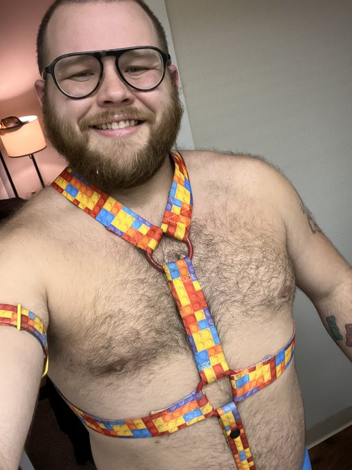 Still in love with my @Strapup2getdown  CUSTOM Lego print harness!!! It’s one of a kind and made by an