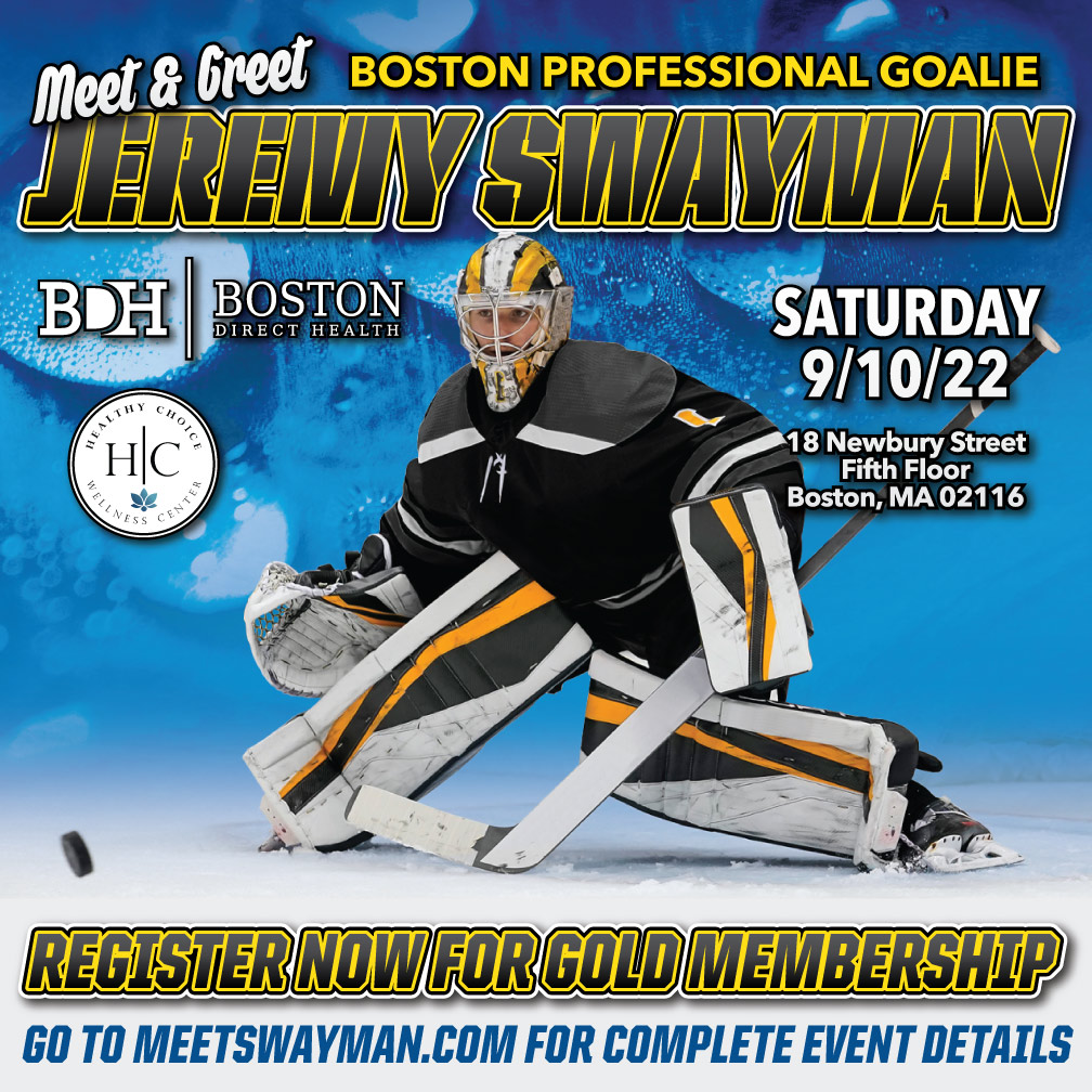 healthiercmc's tweet photo. Meet &amp; Greet* @jeremyswayman, Boston’s Pro Goalie, at @HealthyChoiceIV, located in @BostonDirect Health, Sept 10th. Learn more &amp; register for event at https://t.co/AW0Wqp3NtK.
 
*some restrictions apply
#healthychoicewellness $hcmc #ivdrips #ivtherapy #ivinfusions #hockeyfans https://t.co/iVGW2UdUmm