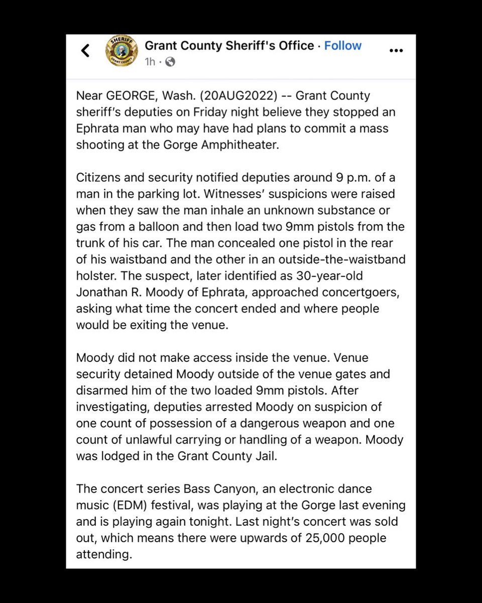 TheFestiveOwl's tweet photo. Police in Grant County, WA believe a potential mass shooting has been averted during @Excision’s @BassCanyon festival at the Gorge this weekend. https://t.co/SCREM2Ic9i