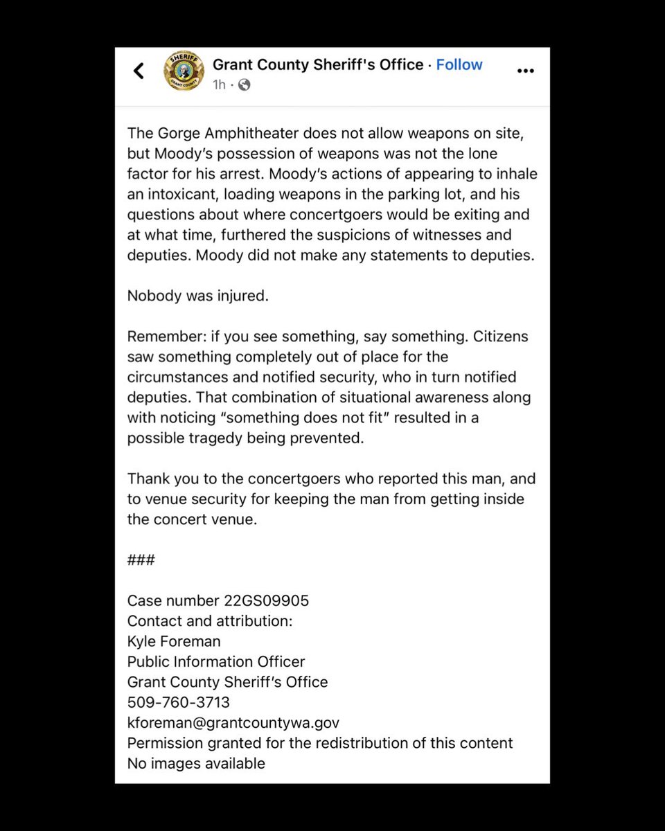 TheFestiveOwl's tweet photo. Police in Grant County, WA believe a potential mass shooting has been averted during @Excision’s @BassCanyon festival at the Gorge this weekend. https://t.co/SCREM2Ic9i