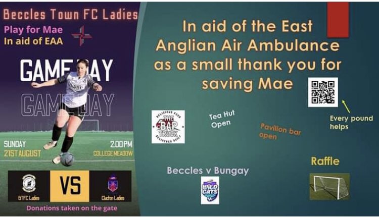 BecclesFC's tweet photo. Tomorrow sees @Becclesladiesfc in action vs @ClactonLadies in aid of @EastAngliAirAmb 💜

Kick off at 14.00 with pre match entertainment from our own Wildcats vs @TownBungay 

Come down and support the ladies ⚽️

#PlayForMae #OurClub #Together ⚪️⚫️ https://t.co/CNgdt0e2Qn