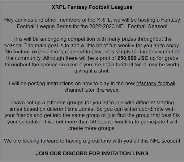 XRPJunkies's tweet photo. 🚨 Junkie Announcment🚨

Join Discord for the invitation links
(Located in the #Announcements channel) https://t.co/eDXTRyNzaK

#XRPLedger #XRP #xumm #NFTCommunity #FantasyFootball #Junkies https://t.co/Po5WY11hLn