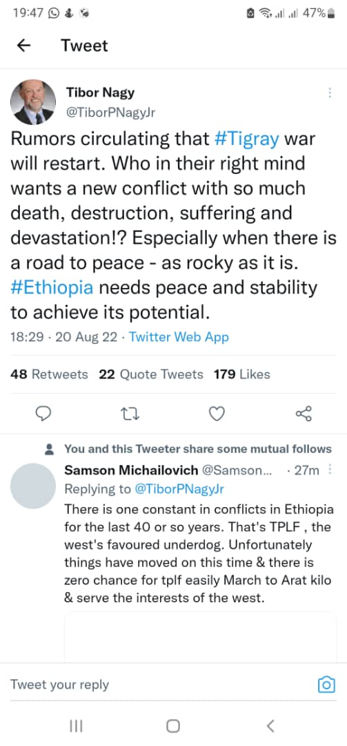 #TPLFTerroristGroup ' s inherent obsession with war alarming noted by <a href="/TiborPNagyJr/">Tibor Nagy</a>. Leopard 🐆 cannot change its spots.✌️is alien to #TPLF as it would uncover it's mysterious cover ups.Tigrian mothers would ask where their children are as they have been lied to so far. TPLF=War