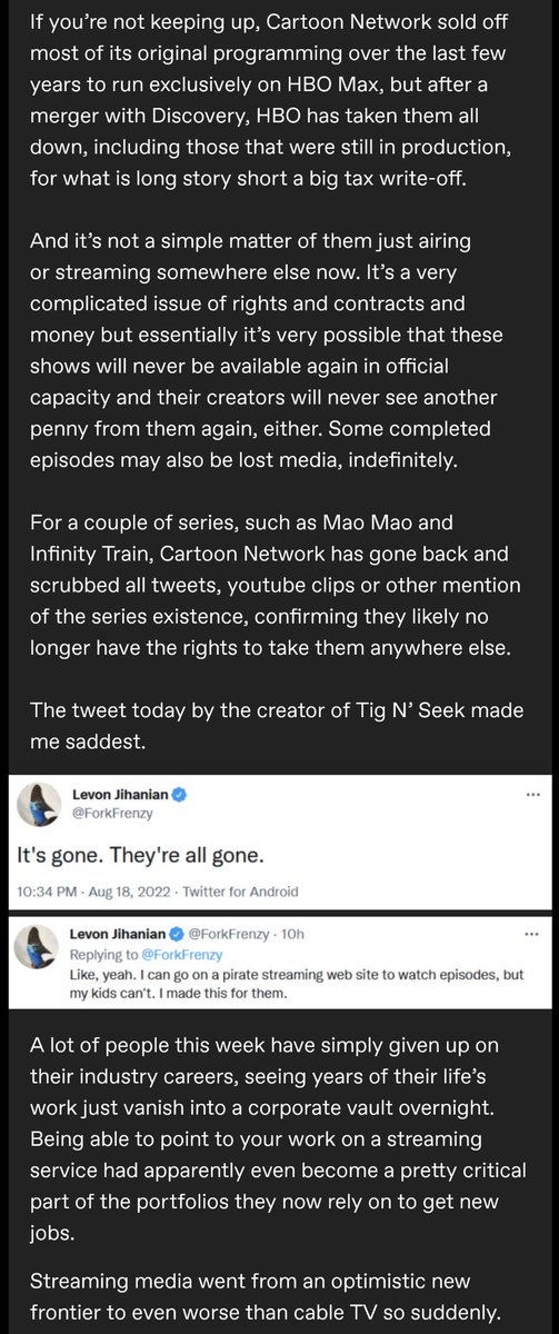 shaun_obanion's tweet photo. Man. This is really awful. Warner Bros. was my favorite studio… but seeing what #Zaslav and #HBOMax are doing to the work of artists is heartbreaking. #CartoonNetwork https://t.co/llxQ5ZmFo5