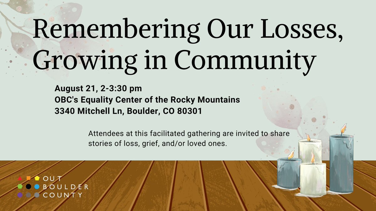 OutBoulder's tweet photo. Your community is here to support you through #grief. Join us tomorrow (8/21) for a facilitated gathering where attendees are invited to share stories of loss, grief, and/or loved ones. We may cry &amp; laugh together &amp; learn new things about ourselves.
RSVP: https://t.co/7vkQndoYNk https://t.co/OhVUCgPIZq