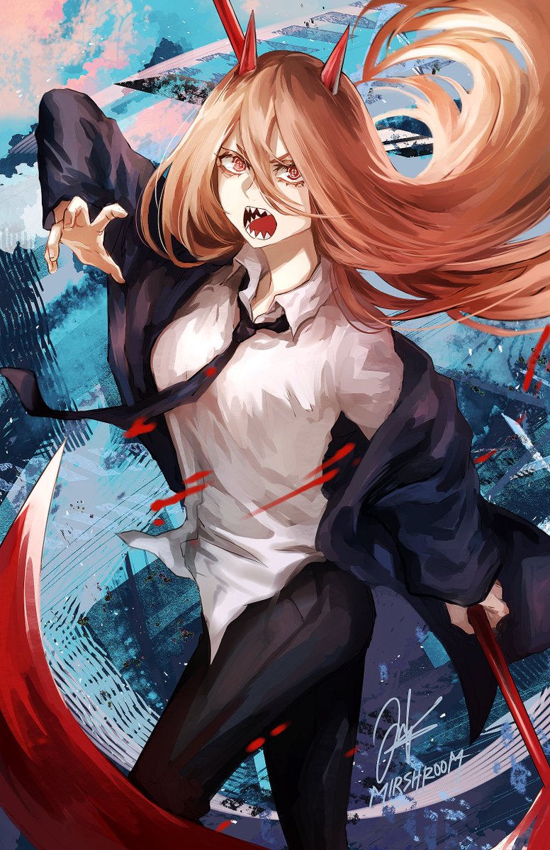 power (chainsaw man) 1girl necktie long hair horns solo shirt sharp teeth  illustration images