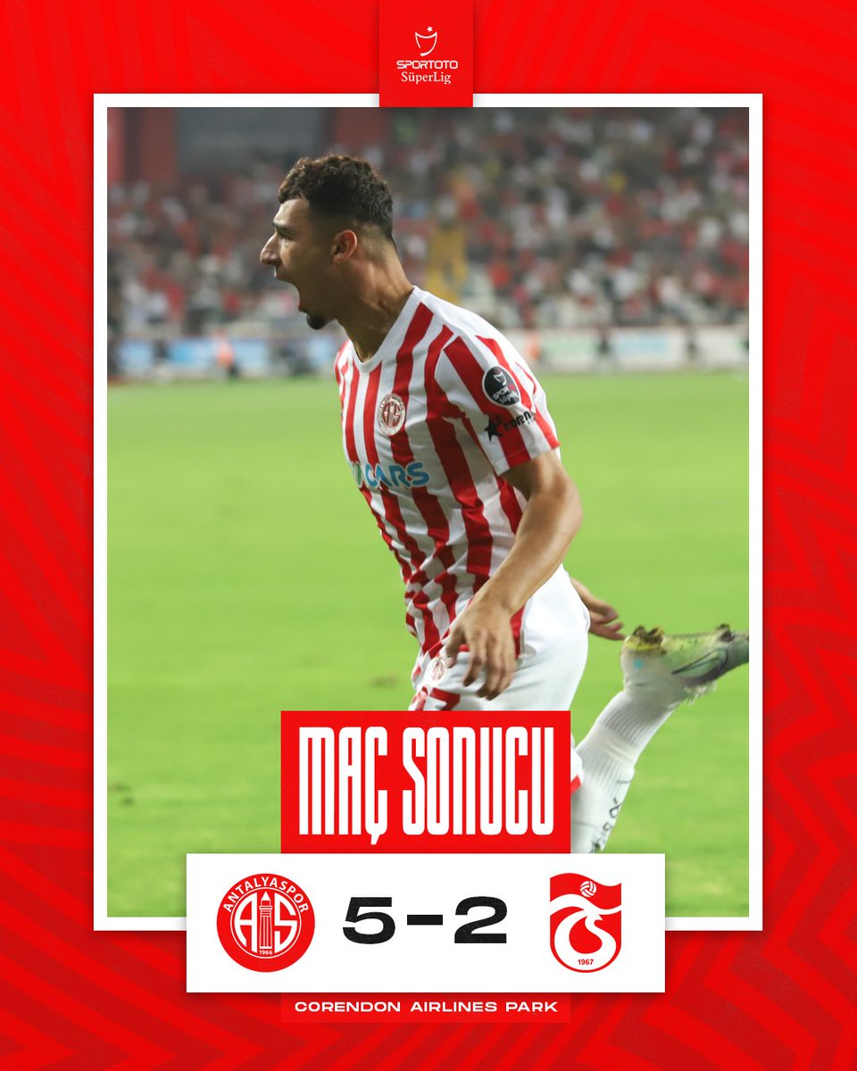 🔥 Corendon Airlines Park'ta sezonun ilk galibiyeti!

⏱ Dk.90: Akreplerimiz, Spor Toto Süper Lig'in üçüncü haftasında Trabzonspor'u 5-2 mağlup etti.

G👊LLER: 14' Fernando Martins, 40' ve 90+8' Haji Wright, 81' ve 90+5' Gökdeniz Bayrakdar

#FraportTAVAntalyaspor