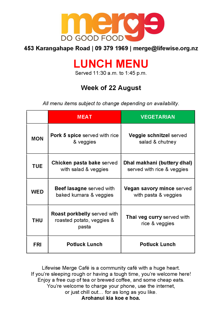 MergeCafe's tweet photo. Kia ora whānau 😁 here's this week's menu, served from Monday 22 August to Friday 26 August 🤤  Hot Tasty Soup &amp; Fresh Bread is available for $2.00 Monday-Friday 🍲
#KRoadNZ #FeelGoodFood #LifewiseNZ #kai https://t.co/qmgPjlViKk