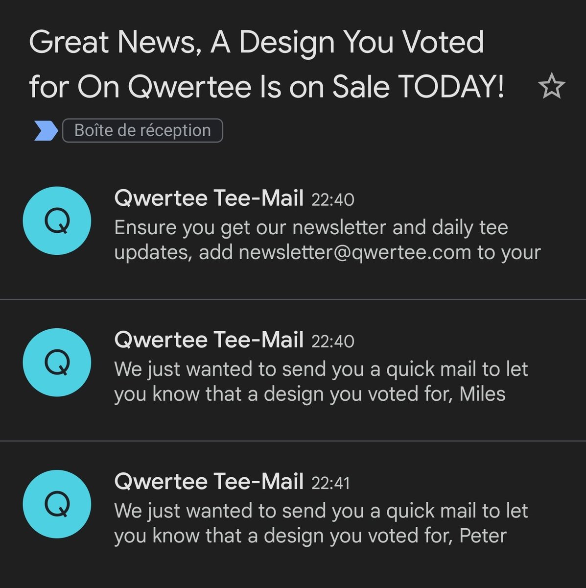 crunchyfromb's tweet photo. Quand tu reçois 3 mails de @qwertee pour des t-shirts pour lesquels tu as voté... Et que tu sais d'avance que tu vas craquer!
#NePasCraquer #ShutUpAndTakeMyMoney
@Starbuck_80 @grimcel https://t.co/wO4eFICdnA