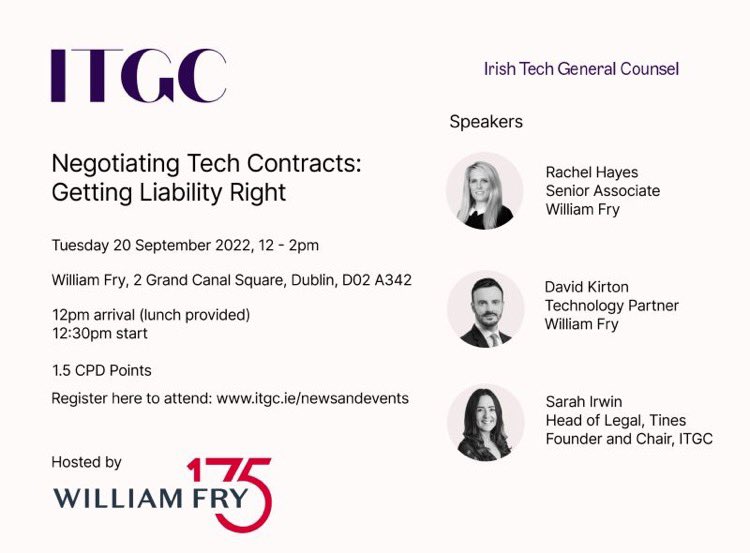 IrishTechGCs's tweet photo. NEGOTIATING TECH CONTRACTS: GETTING LIABILITY RIGHT, Tues 20 Sept, 12-2pm, 1.5 CPD points. We are kicking off Autumn for our community with an in-person refresher sesh on this crucial topic! Link in bio and comments below to register. #irishtechc #communitybuilding #liability https://t.co/Da1uXN7iZq