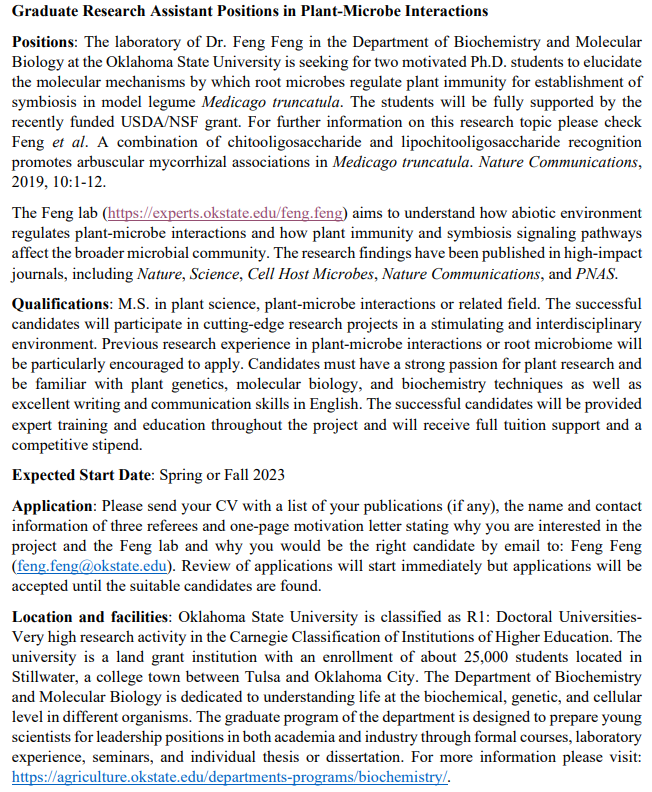 We are looking for two Ph.D. students interested in understanding the crosstalk between plant root immunity and symbiosis in Medicago truncatula. 
Please RT.