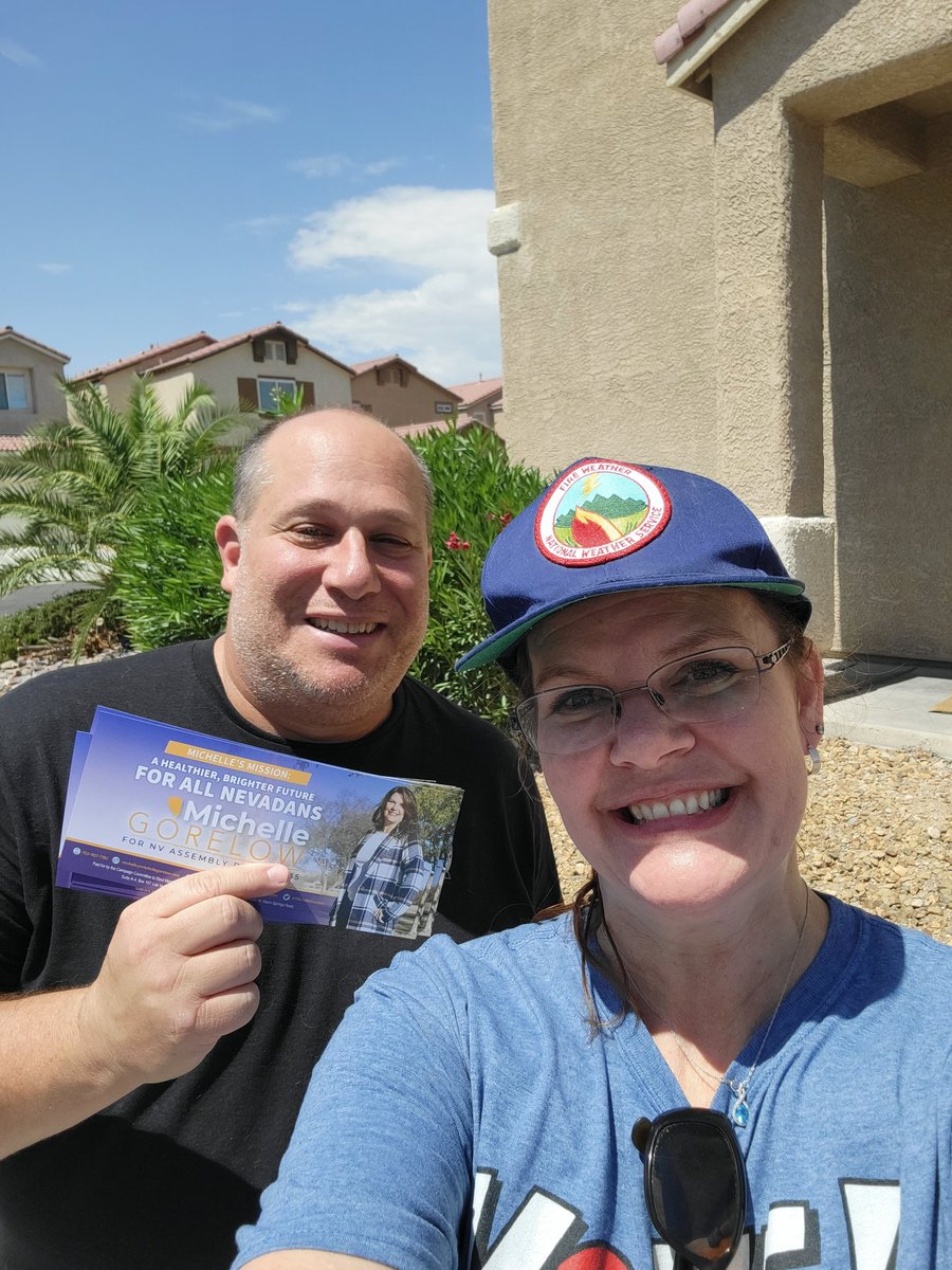 MichelleGorelow's tweet photo. It's a hot one, but we're out meeting constituents in #nvad35. Great conversation with an @IBEW member and his wife. I love making friends! #votegorelow #voteblue #nvassemblydems https://t.co/p10AZnEbAH