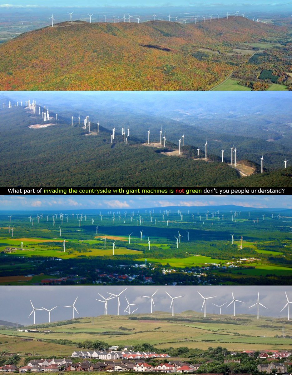 FalseProgress's tweet photo. @Reganland @BBCScotlandNews People who fall for wind power panaceas don't get their true SCALE (and oil-dependence) or just don't care about natural aesthetics.

Eco-woke media and the industry omit context to make them seem far smaller and quainter than bleak reality. #EnergySprawl

https://t.co/PcQSG32Fus https://t.co/bquv3FtAmw