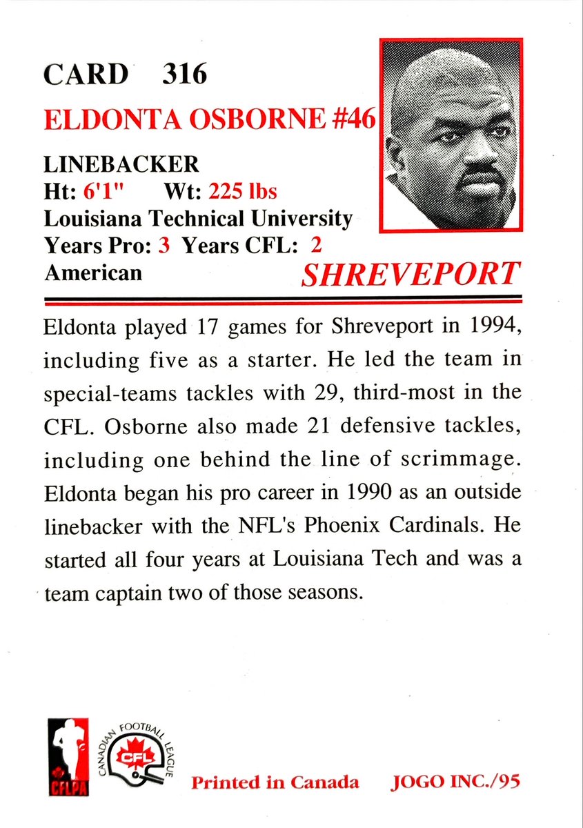 CFLUSACards's tweet photo. Eldonta played 17 games for Shreveport in 1994, including five as a starter. He led the team in special-teams tackles with 29, third-most in the CFL. 

Eldonta Osbourne #ShreveportPirates - 1995 JOGO #CFL #316

#CFLUSACards #TradingCards #Football https://t.co/LM7BPESy0A