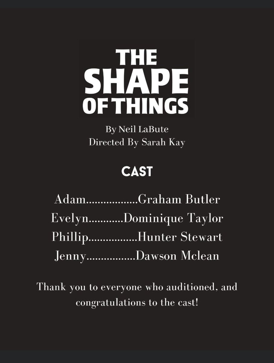 cdaleplayhouse's tweet photo. Congratulations to the cast of ‘The Shape of Things’! And, a huge thank you to everyone who came out to audition. https://t.co/fwvOVYwH7p