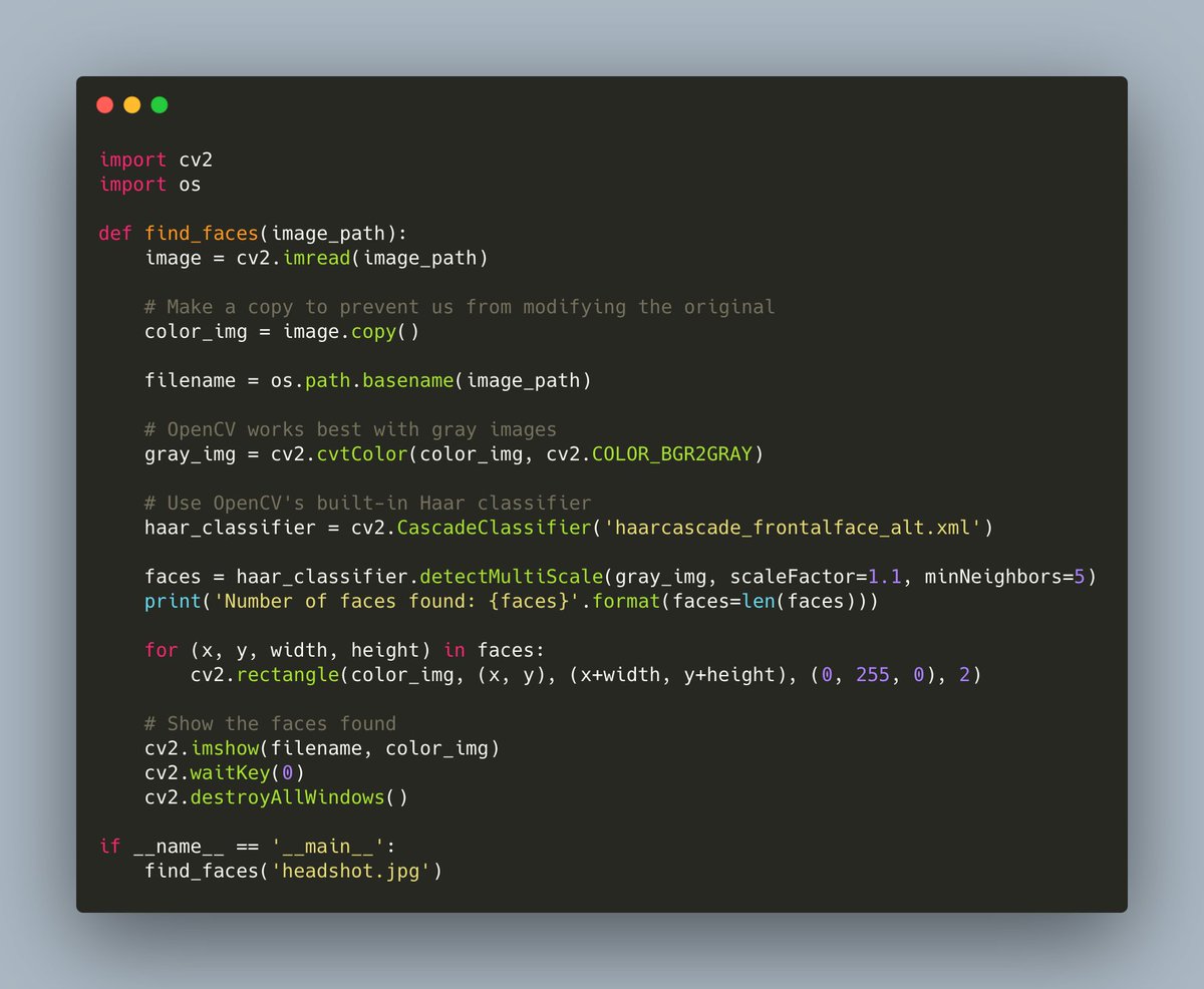 driscollis's tweet image. You can find faces in photos using #Python and #OpenCV

Here&apos;s one way to do it:

🐍👀😁