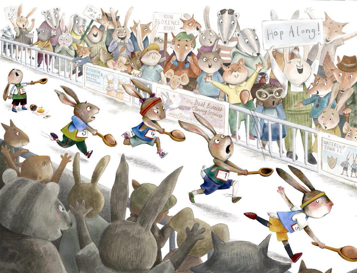 'Rabbit Road Race' for @SVSLearn #critiquearena Absolute mayhem in this bunny egg and spoon race! The unfortunate soul at the back would have 100% been me! I still get chills thinking of school sports day! #kidlit #kidlitillustration #ChildrenspictureBooks #illustrationforkids