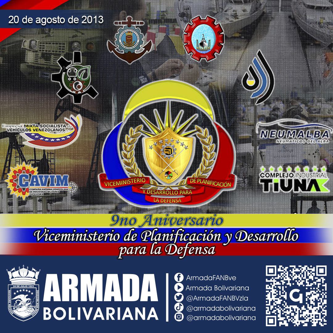 #Hoy desde el Puente de Mando de la <a href="/ArmadaFANBVzla/">Armada_ve</a> nos honramos en celebrar y felicitar al <a href="/viceplani_mppd/">Viceministerio de Planificación y Desarrollo FANB</a> junto a su personal por arribar a su 0️⃣9️⃣ aniversario, liderando y supervisando la Planificación y Desarrollo económico de la Industria Militar.
<a href="/NicolasMaduro/">Nicolás Maduro</a>