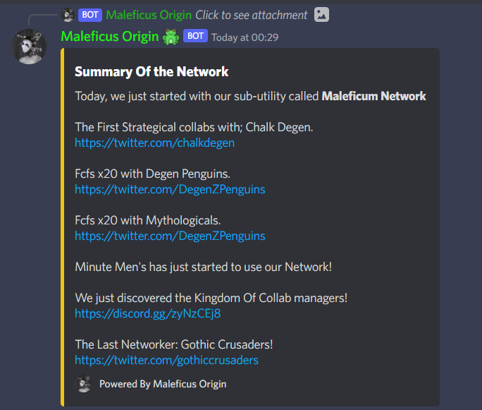 maleficusorigin's tweet photo. Today, we just started with our sub-utility called Maleficum Network

The First Strategical collabs with; @chalkdegen 

Fcfs x20 with Degen Penguins. @DegenZPenguins 

Fcfs x20 with Mythologicals. @MythologicalSol 

x1 Alpha Calls for @LurkersNFT_ https://t.co/HV8anHAapt