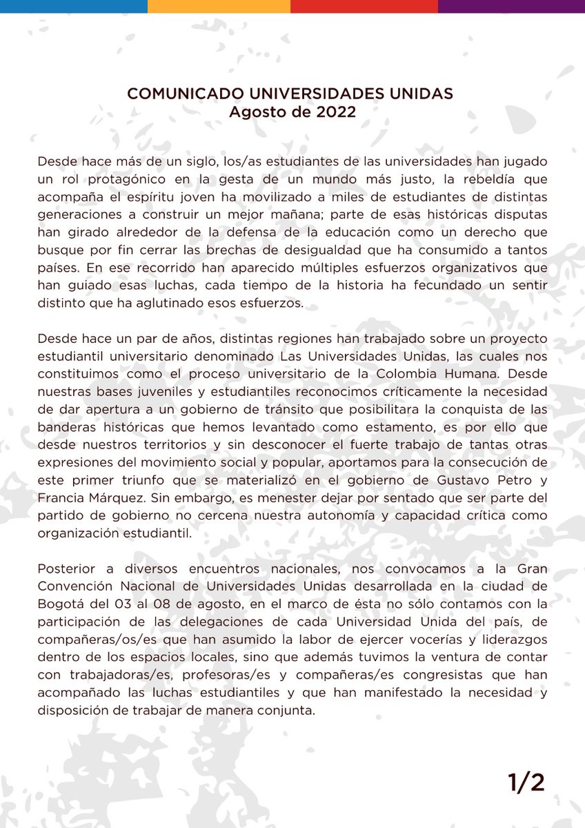 Uni_Unidas's tweet image. ⚠️#Atención Comunicado Universidades Unidas

No nos conocemos, pero nos necesitamos, nos preparamos para continuar la lucha y la defensa de la educación superior.

Educación pública y nada menos.🧠