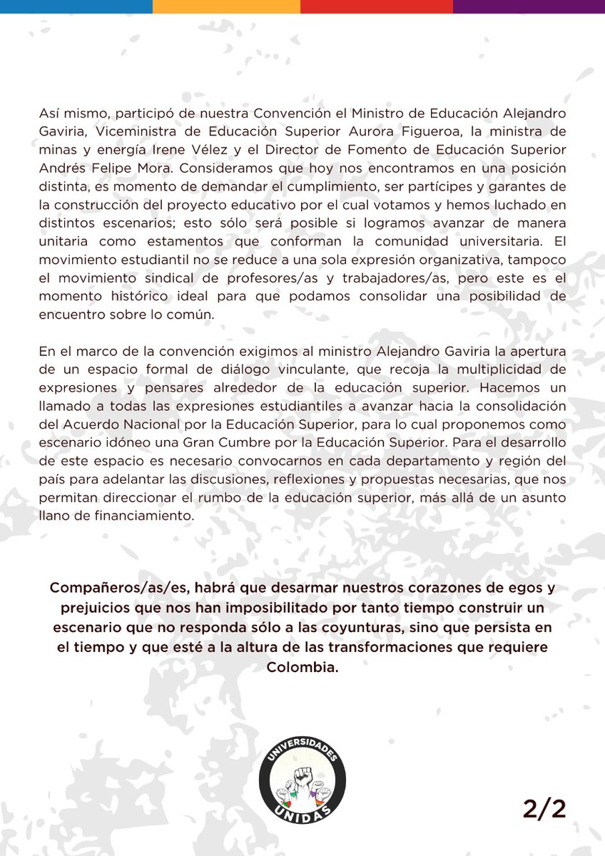 Uni_Unidas's tweet image. ⚠️#Atención Comunicado Universidades Unidas

No nos conocemos, pero nos necesitamos, nos preparamos para continuar la lucha y la defensa de la educación superior.

Educación pública y nada menos.🧠