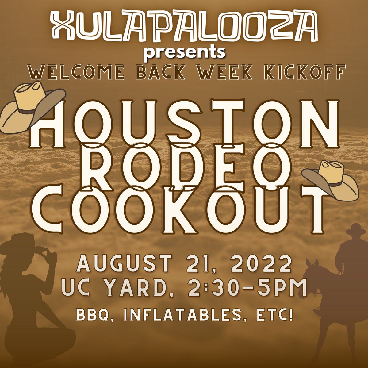 XULARoyalCourt's tweet photo. THE TIME HAS COME‼️Welcome Back Week 2022 is finally here🤣. We’re kicking off #XULAPALOOZA 2022 in Houston🤠. Join XAB x SGA for our Houston Rodeo Cookout on Sunday August 21st from 2:30-5pm on the UC Yard. Can’t wait to see you there‼️ https://t.co/ItqHXBdPSG