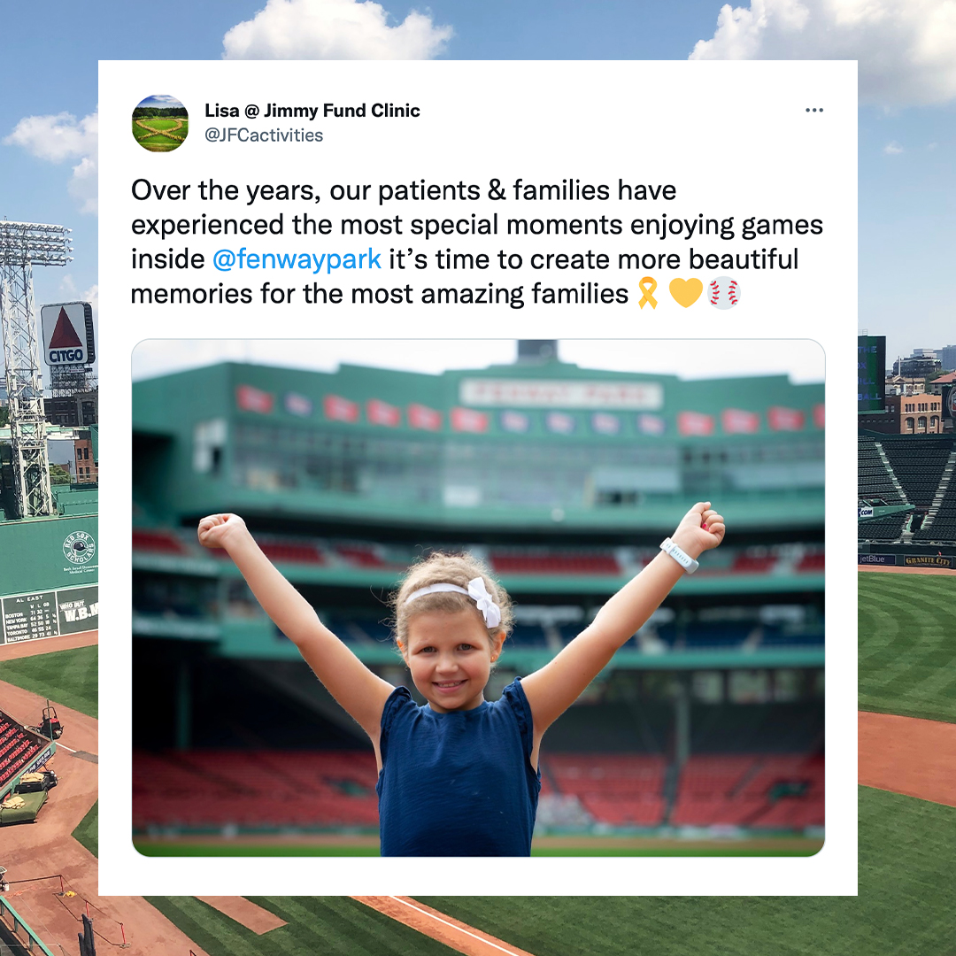 TheJimmyFund's tweet photo. Over the years, our patients have experienced many special moments enjoying games inside Fenway Park. In the words of @JFCactivities, it’s time to create more beautiful memories for the most special families! https://t.co/Sj1U3DgsdP